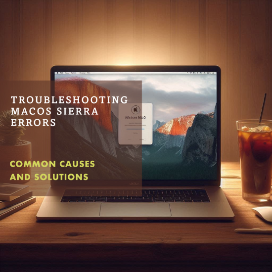 An open laptop on a wooden desk displaying a screen with the title TROUBLESHOOTING macOS SIERRA ERRORS and subheading COMMON CAUSES AND SOLUTIONS To the right of the laptop is a glass of iced tea with a straw