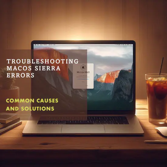 An open laptop on a wooden desk displaying a screen with the title “TROUBLESHOOTING macOS SIERRA ERRORS” and subheading “COMMON CAUSES AND SOLUTIONS.” To the right of the laptop is a glass of iced tea with a straw.