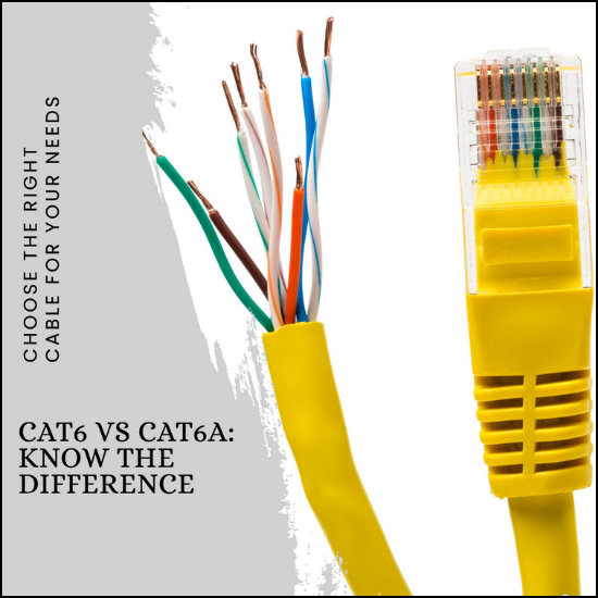 An image showcasing two types of Ethernet cables, CAT6 and CAT6A, side by side for comparison.