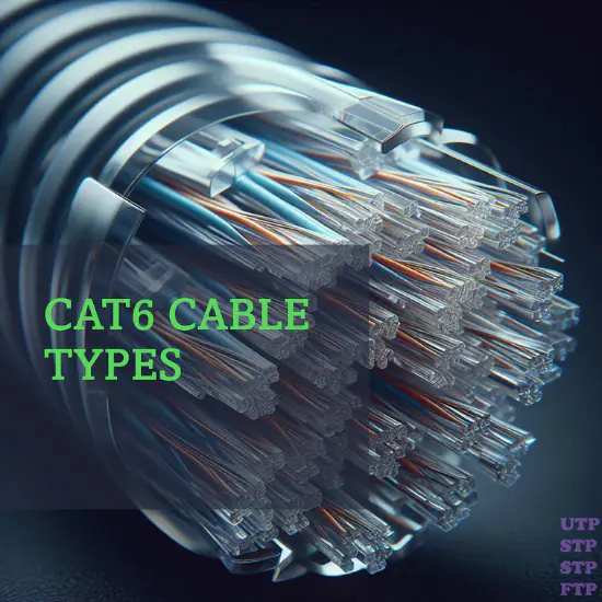  Close-up image of the cross-section of a CAT6 cable bundle showing individual twisted pairs of wires in various colors.