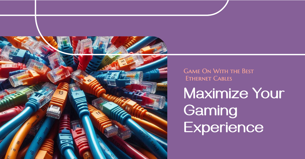 A collection of colorful Ethernet cables bundled together, with a purple banner on the right side featuring white and blue text.