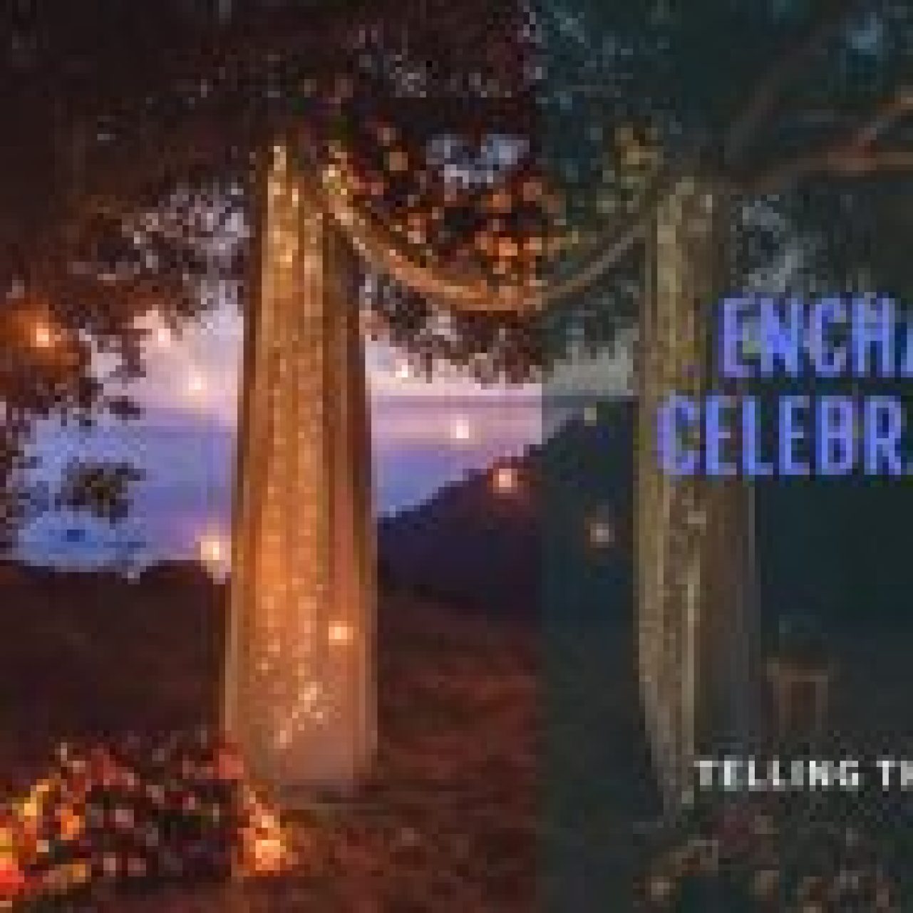 An outdoor evening setting decorated with fairy lights and candles, featuring a draped fabric entrance to a tree alcove.