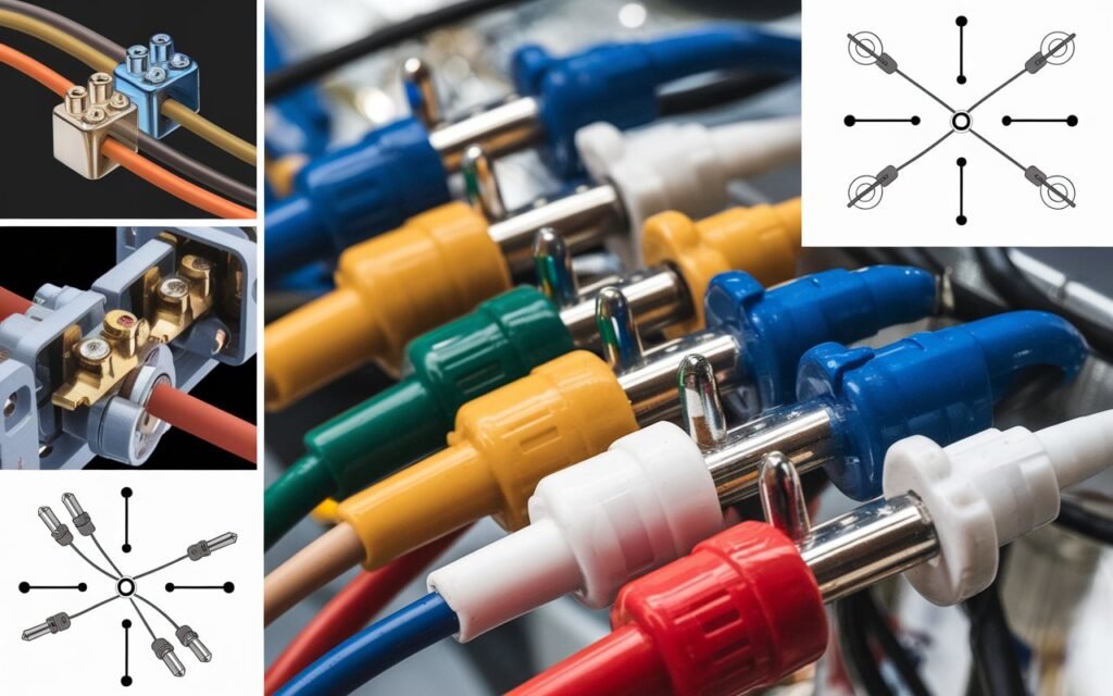 The image displays a variety of butt connectors which are devices used to connect or splice two wires together These connectors come in different colors including blue yellow red white and green indicating different sizes or wire gauges they can accommodate The image shows these connectors in use with wires inserted into each end and crimped to secure the connection Additionally there are diagrams illustrating how a single wire is split into multiple directions using these butt connectors