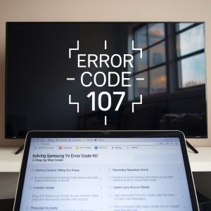 A Samsung TV mounted on a wall displays “ERROR CODE 107” above an open laptop showing troubleshooting steps for fixing the error.