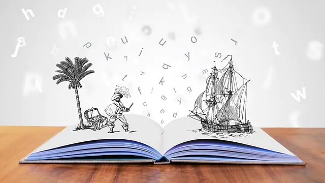 An open book with illustrations of a pirate and palm tree on the left page and a sailing ship on the right page, with letters floating above the pages against a blurred background.