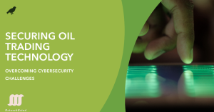 A green-themed graphic with the title "Securing Oil Trading Technology" and the subtitle "Overcoming Cybersecurity Challenges." The image features a close-up of a hand interacting with a touchscreen device. The logo and name "NetworkUstad" are displayed at the bottom.