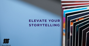 A promotional image with the text "ELEVATE YOUR STORYTELLING" in bold, purple letters on a light blue background. On the right side, there are several colorful, overlapping pages or cards. In the bottom left corner, there is a logo and the text "NetworkUstad."