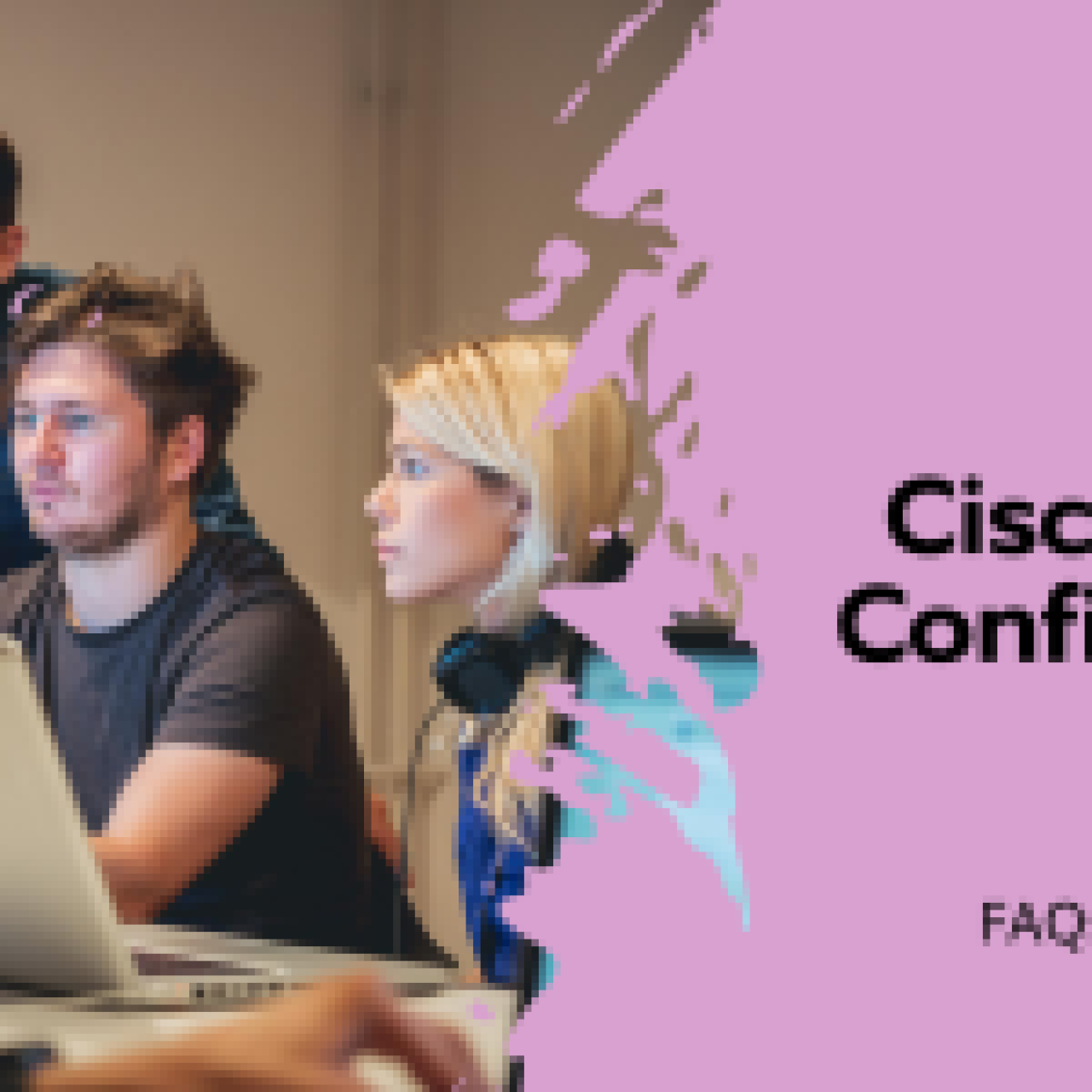 A group of professionals configuring a Cisco router on a computer, with an informative overlay stating ‘Cisco Router Configuration - FAQs and Basic Steps’.
