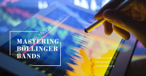 A person's hand holding a stylus, hovering over a tablet screen displaying a chart with financial data and Bollinger Bands overlaid.