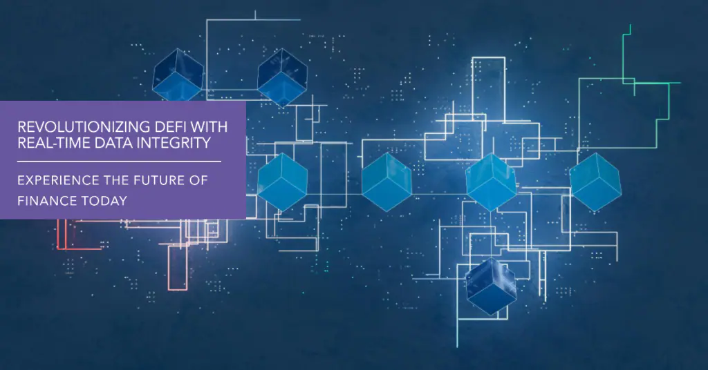  A futuristic digital landscape with interconnected blue cubes representing blockchain technology. The text "Revolutionizing DeFi with Real-time Data Integrity" and "Experience the Future of Finance Today" is prominently displayed.