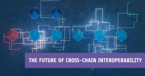 A digital illustration featuring a network of interconnected geometric shapes, predominantly hexagons, representing the concept of cross-chain interoperability in blockchain technology.