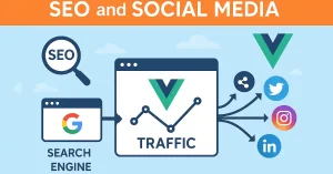 Infographic showing SEO and social media integration with icons for search engines, platforms, and traffic flow.