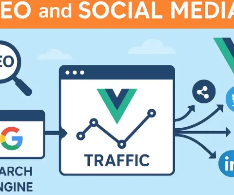 Infographic Showing Seo And Social Media Integration With Icons For Search Engines, Platforms, And Traffic Flow.