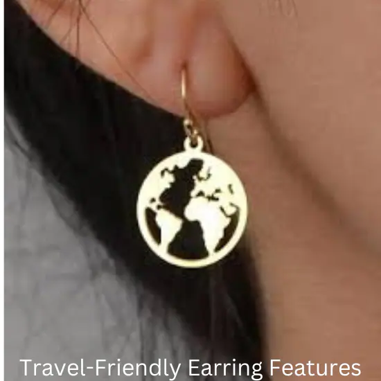 A close-up of an ear wearing a gold earring shaped like a world map. Title: Gold World Map Earring