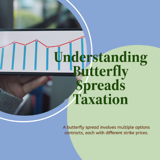 A person holding a tablet displaying a line graph with red and blue lines. The text on the image reads "Understanding Butterfly Spreads Taxation" and "A butterfly spread involves multiple options contracts, each with different strike prices."