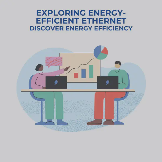Two individuals sitting at a table with laptops, discussing a presentation on energy efficiency. The presentation includes a bar chart and a pie chart.
