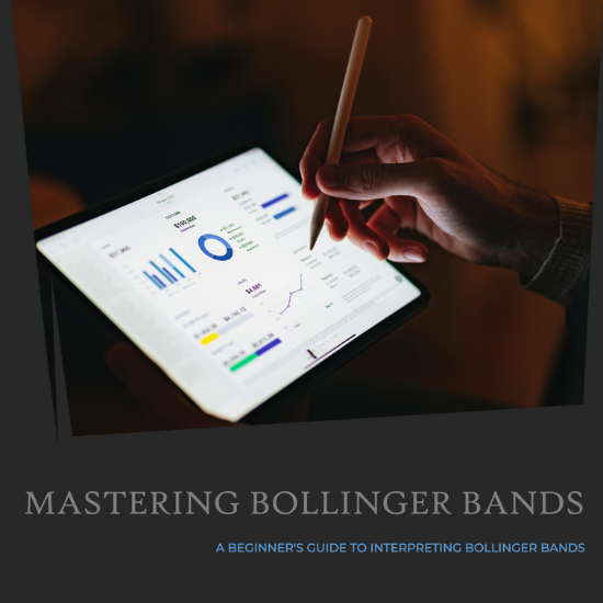 A person using a stylus to interact with a tablet displaying financial charts and graphs, with the text "Mastering Bollinger Bands" and "A Beginner's Guide to Interpreting Bollinger Bands" below.