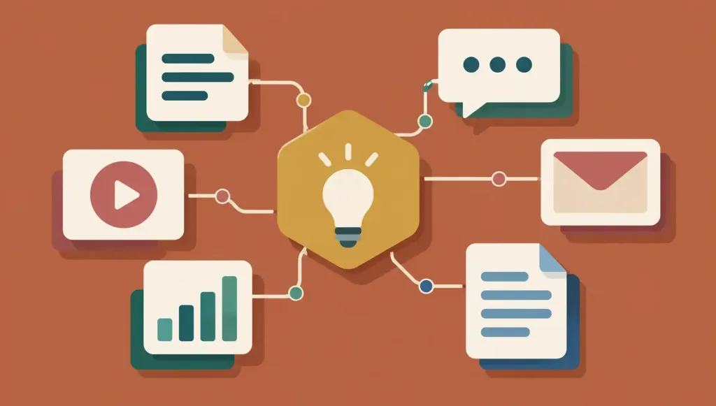 How To Choose The Right Online Content Marketing Service For Your Business 2 Illustration Of Six Content Format Icons — Article, Social, Email, Video, Infographic, And Case Study — Connected Around A Central Hub