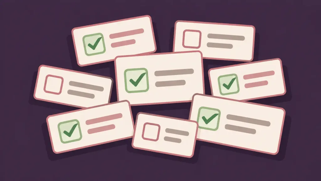 How To Choose The Right Online Content Marketing Service For Your Business 3 Illustration Of A Stacked Set Of Checklist Cards, Some Checked And Some Not, Representing A Decision Process Before Hiring A Content Marketing Provider