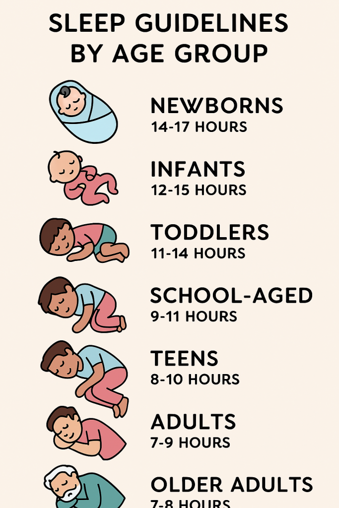Sleep You Need: Guidelines by Age Group" showing seven illustrated age categories—newborns, infants, toddlers, school-aged children, teens, adults, and older adults—each paired with a sleeping figure and recommended sleep duration ranging from 14–17 hours for newborns to 7–8 hours for older adults. Uses pastel colors and clear labels for accessibility.