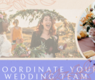 A bride and her wedding team celebrating outdoors, with a beautifully set table featuring floral arrangements and glassware.