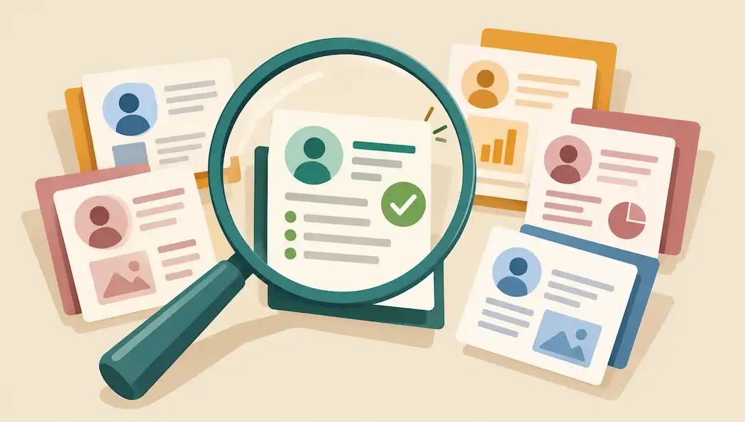 How To Choose The Right Online Content Marketing Service For Your Business 1 Illustration Of A Magnifying Glass Reviewing A Stack Of Content Cards, One Marked With A Checkmark, Representing Evaluating Content Marketing Providers