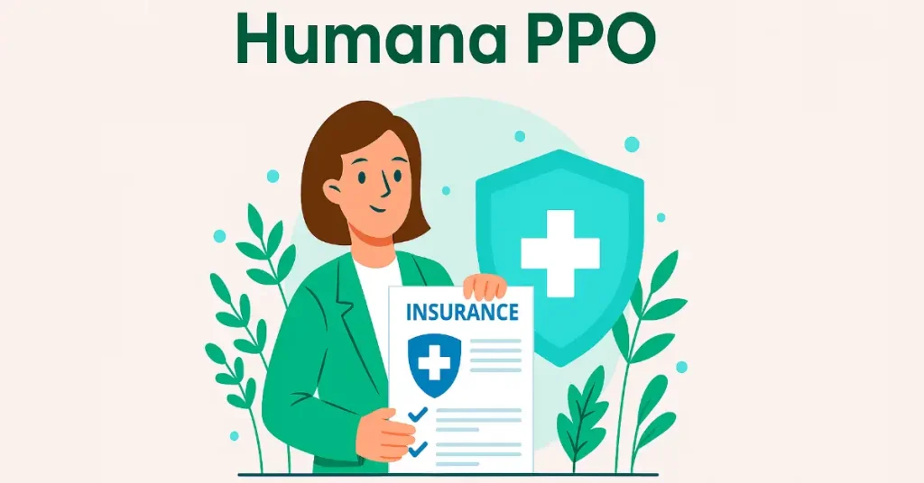 Smiling woman presenting Humana PPO insurance document with protective medical shield, illustrating flexible coverage and wellness path in 2025.