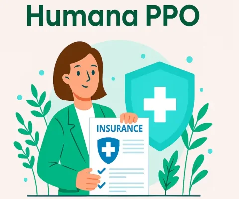 Smiling Woman Presenting Humana Ppo Insurance Document With Protective Medical Shield, Illustrating Flexible Coverage And Wellness Path In 2025.