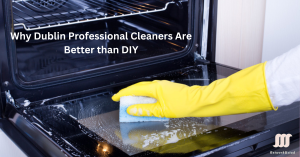 A spotless oven with a shiny interior being cleaned by a professional cleaner in Dublin. The cleaner is using specialized cleaning tools, showcasing the effectiveness of professional services compared to DIY methods.