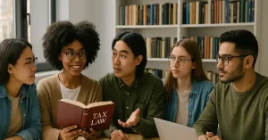 Top Tax Law Programs: A Guide to the Best Legal Education Options in 2026 4 Group of diverse law students discussing tax law in a modern classroom with books and laptops.