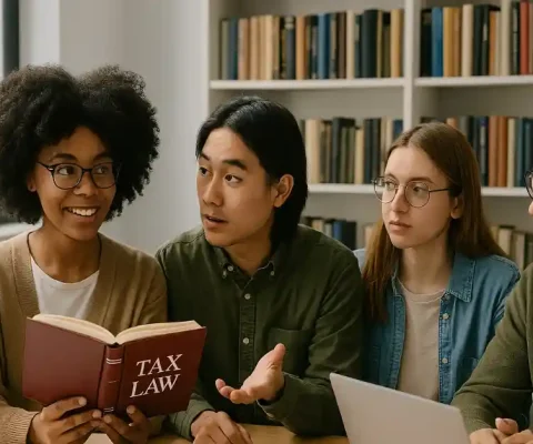 Group Of Diverse Law Students Discussing Tax Law In A Modern Classroom With Books And Laptops.