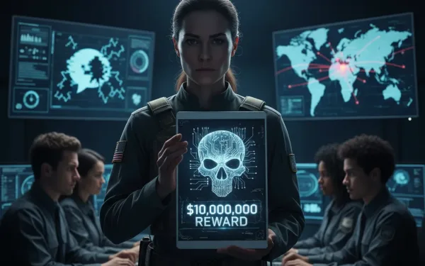 Illustration Of A Computer Screen With A $10 Million Bounty Sign And Russian Hackers In The Background