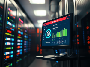 A computer monitor displaying Magento hosting performance metrics in a server room with colorful LED indicators on server racks.