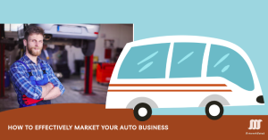 An illustration of an auto business showroom with cars displayed and customers interacting with sales representatives.