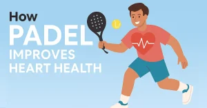 Illustrated energetic padel player striking ball with heartbeat heart on shirt, highlighting how padel tennis improves cardiovascular health through dynamic aerobic exercise.