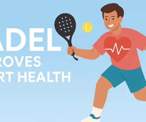 Illustrated Energetic Padel Player Striking Ball With Heartbeat Heart On Shirt, Highlighting How Padel Tennis Improves Cardiovascular Health Through Dynamic Aerobic Exercise.