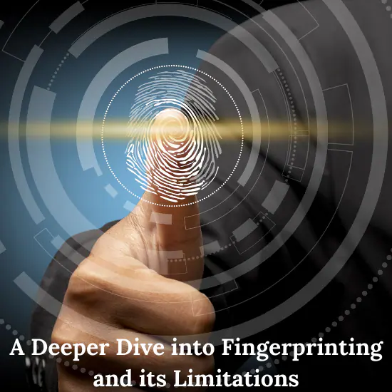 A close-up image of a thumb pressing on a digital fingerprint scanner, with a futuristic interface overlay. The text at the bottom reads "A Deeper Dive into Fingerprinting and its Limitations."