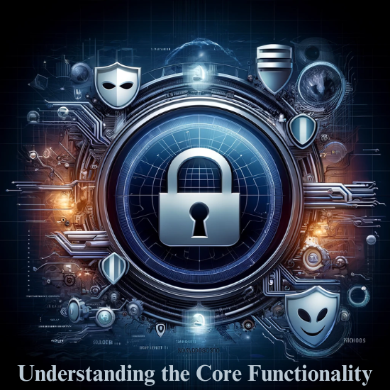 A digital illustration featuring a central padlock surrounded by various security icons and symbols, representing cybersecurity. The background includes circuit-like patterns and a globe, indicating global digital security. The text at the bottom reads "Understanding the Core Functionality."