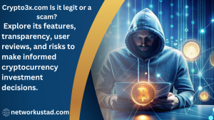 A computer screen displaying the Crypto3x.com website, with a magnifying glass highlighting the text Crypto3x.com Reviews.