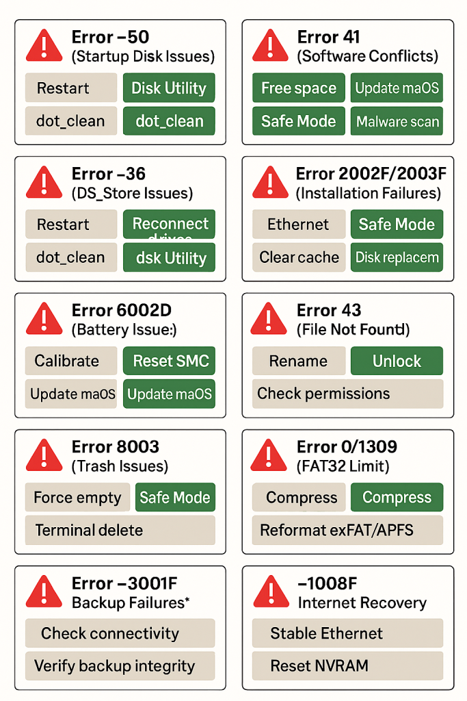 Infographic showing 11 MacBook error codes with quick fixes in a grid layout. Each error code is paired with a red warning icon and green buttons listing troubleshooting steps like restart, update macOS, dot_clean, Safe Mode, and disk replacement.