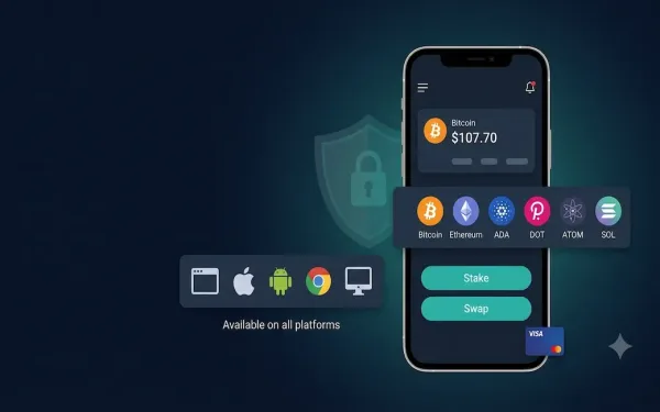 Smartphone Displaying Guarda Multi-Chain Wallet Dashboard With Bitcoin Balance, Staking And Swap Buttons, And Coin Icons For Eth, Ada, Dot, Atom, And Sol, With A Security Shield Icon And Cross-Platform Availability Badges