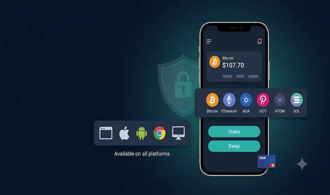 Guarda Wallet Review 2026: Features, Security, Staking, And Fees 1 Smartphone Displaying Guarda Multi-Chain Wallet Dashboard With Bitcoin Balance, Staking And Swap Buttons, And Coin Icons For Eth, Ada, Dot, Atom, And Sol, With A Security Shield Icon And Cross-Platform Availability Badges