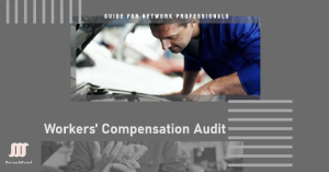 Business professional reviewing workers' compensation audit documents with a checklist, calculator, and payroll records on a desk.