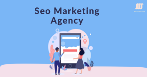 A promotional graphic for an SEO marketing agency, featuring two people interacting with a large smartphone screen displaying a search bar and results, with various decorative elements.