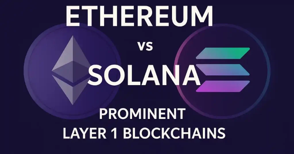 Ethereum vs Solana 2025 infographic showcasing their logos and prominence as Layer-1 blockchains.