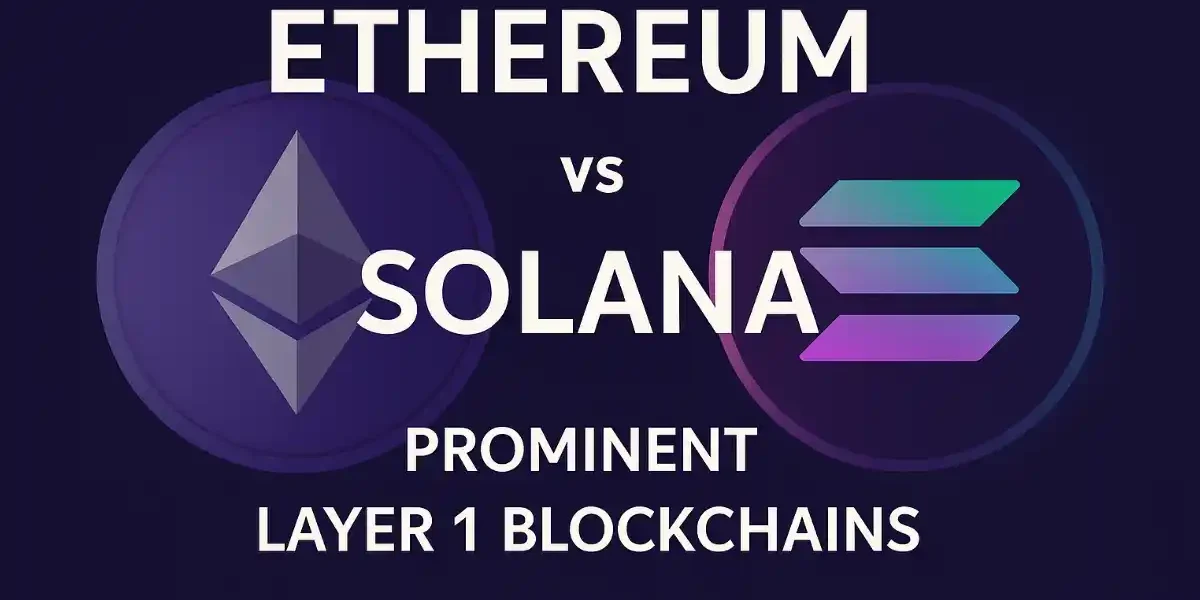 Ethereum vs Solana 2025 infographic showcasing their logos and prominence as Layer-1 blockchains.