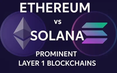 Ethereum vs Solana 2025 infographic showcasing their logos and prominence as Layer-1 blockchains.