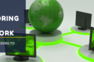 A diagram of a ring network. A globe sits in the center, surrounded by five connected computers. The computers are arranged in a circular pattern, with lines connecting each computer to its two neighbors. The text "EXPLORING RING NETWORK" is displayed above the globe, and the phrase "FROM TOKEN PASSING TO TODAY" is below it.