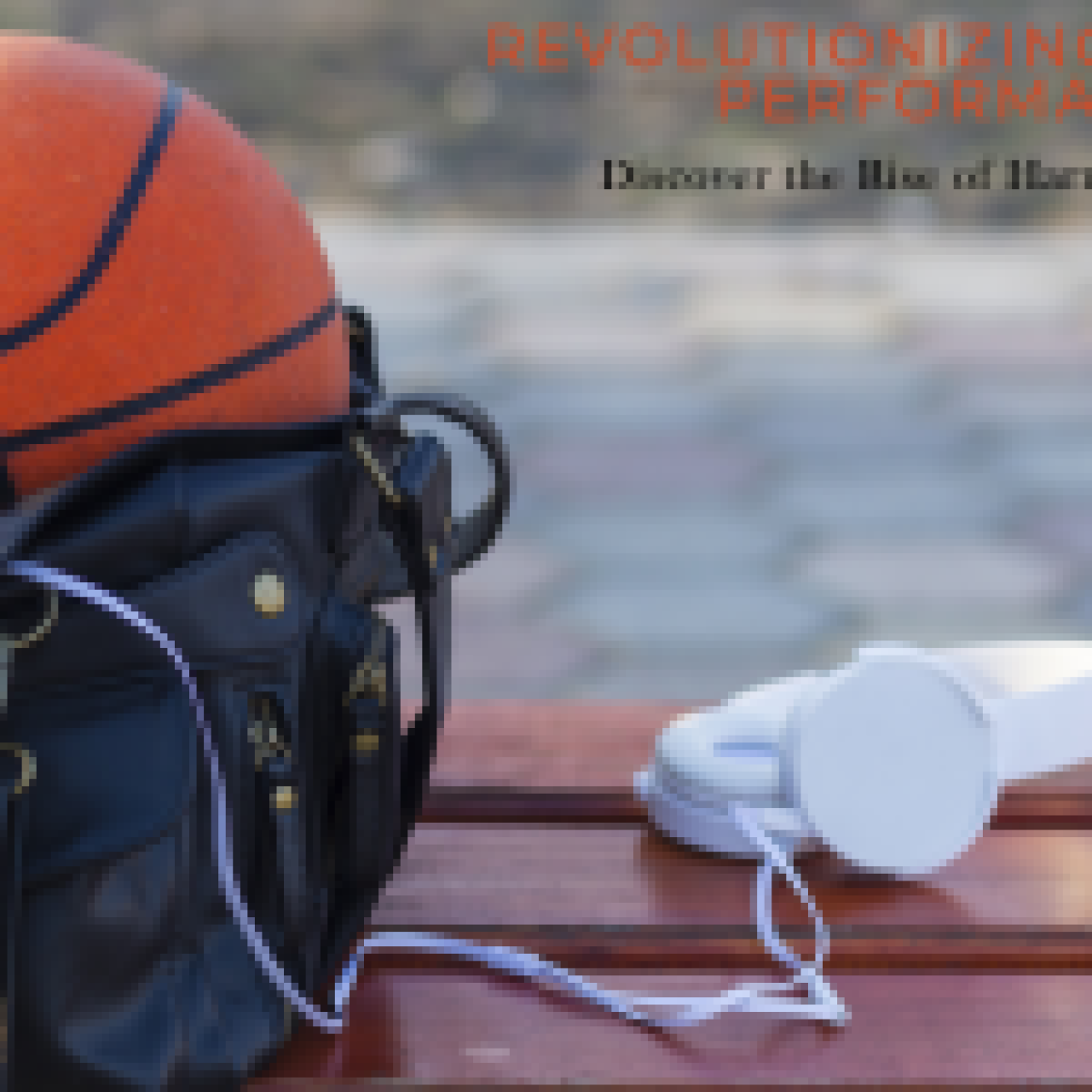 A still life image with a basketball, headphones, and a bag, with the text "Harmonicode Sport