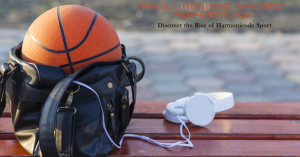 A still life image with a basketball, headphones, and a bag, with the text "Harmonicode Sport